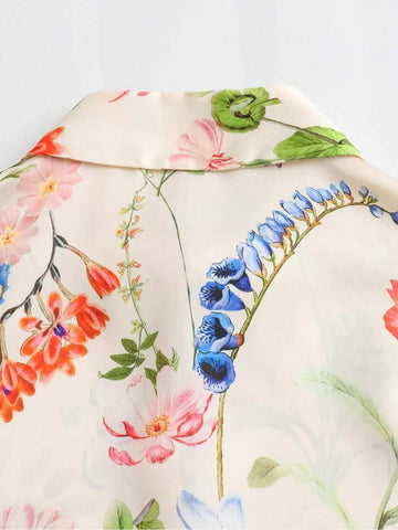 Women Casual Satin Flower Print Shirt Top