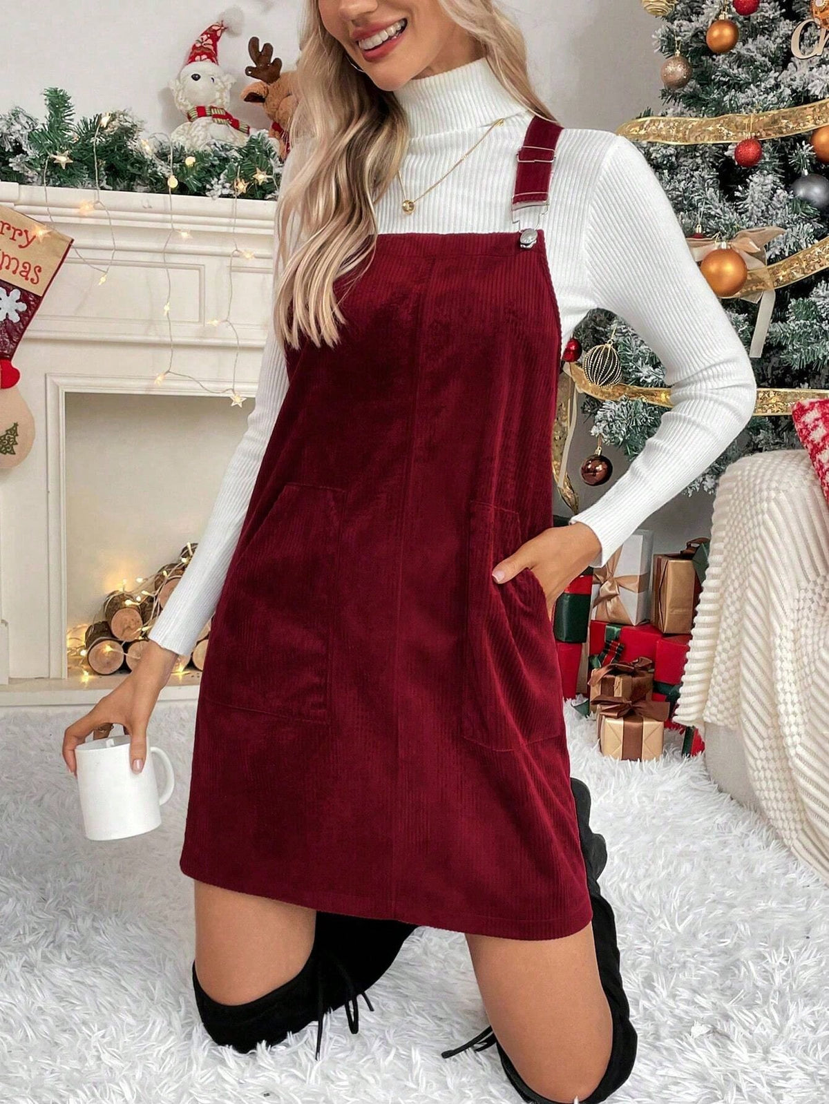 Women Casual Solid Color Christmas Suspender Dress For Autumn/Winter