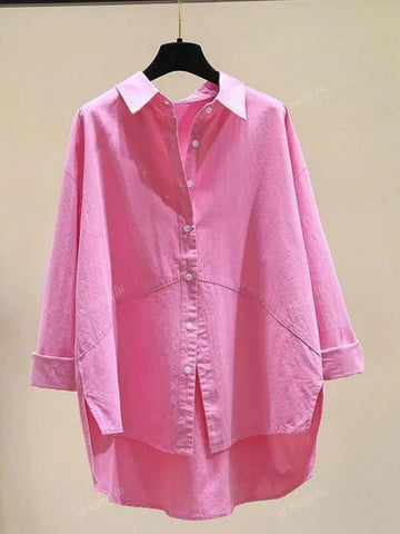 Women Casual Solid Color Dropped Shoulder Long Sleeve High Low Hem Blouse, For Autumn