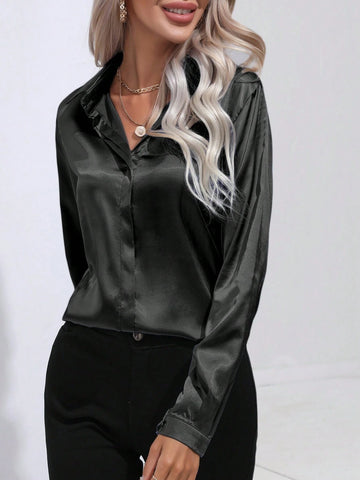 Casual Solid Color Long Sleeve Blouse For Commuting, Autumn
