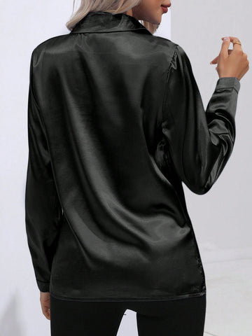 Casual Solid Color Long Sleeve Blouse For Commuting, Autumn