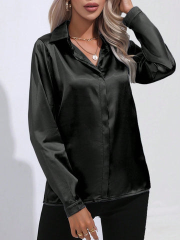 Casual Solid Color Long Sleeve Blouse For Commuting, Autumn