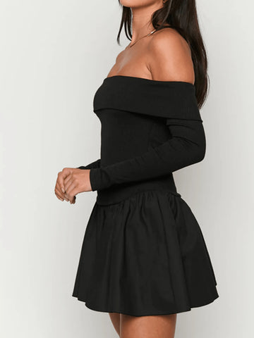 Women Casual Solid Color Off Shoulder A-Line Dress, Autumn