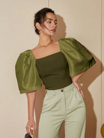 Women Casual Solid Color Puff Sleeve Square Neck Blouse
