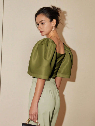 Women Casual Solid Color Puff Sleeve Square Neck Blouse