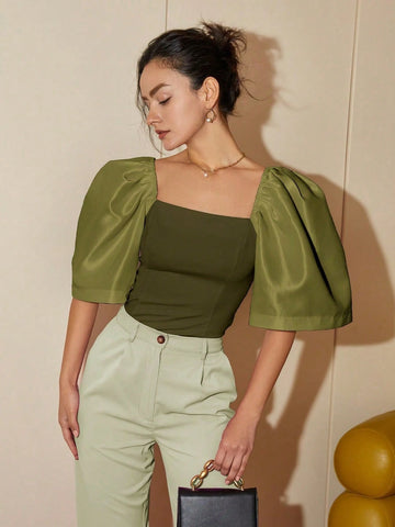 Women Casual Solid Color Puff Sleeve Square Neck Blouse