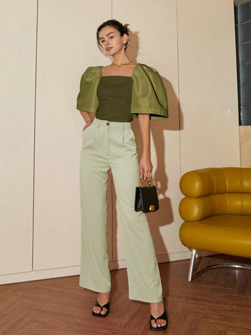 Women Casual Solid Color Puff Sleeve Square Neck Blouse