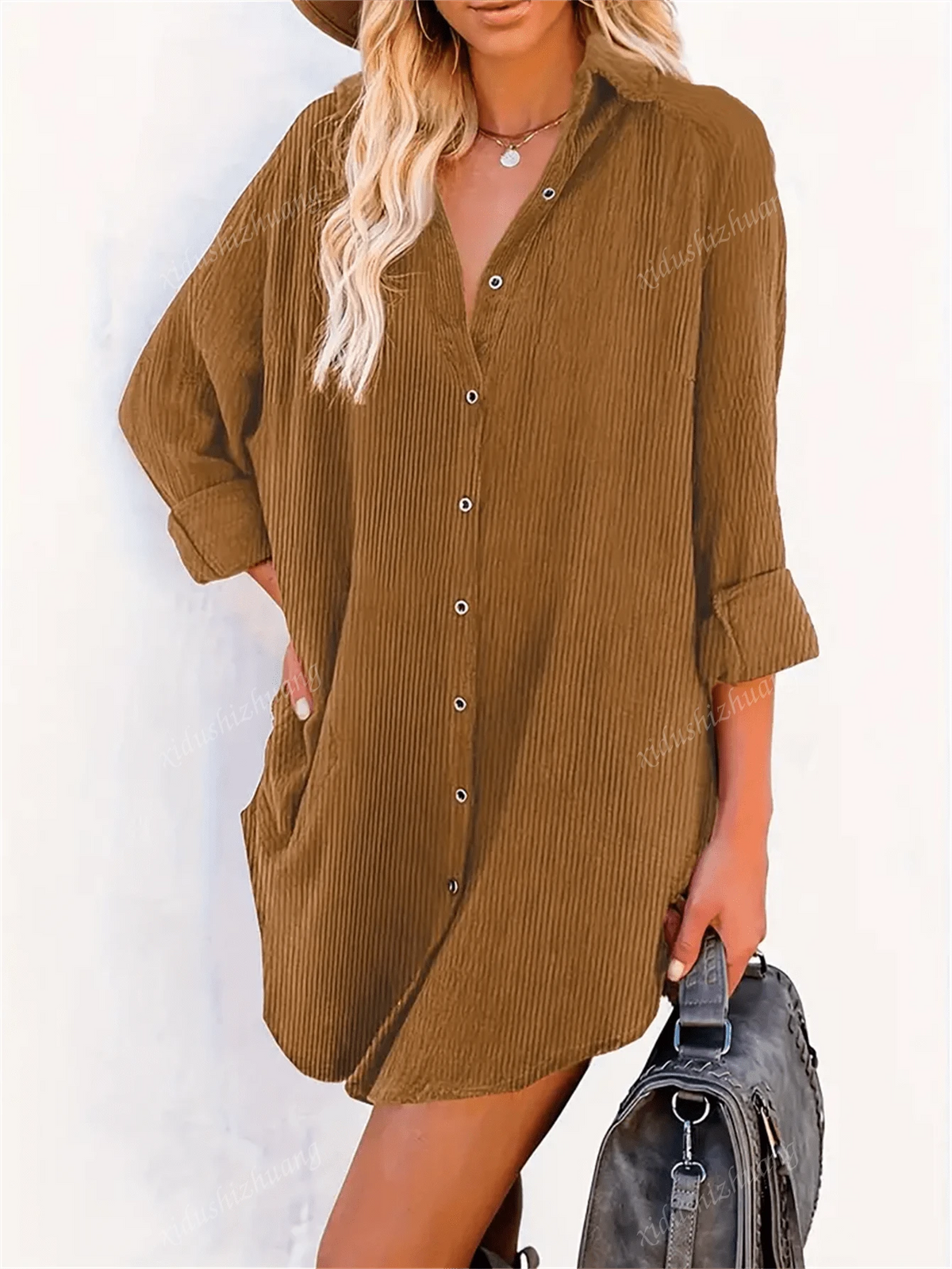 Women Casual Solid Color Shirt Dress, Autumn