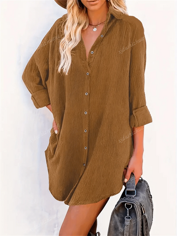 Women Casual Solid Color Shirt Dress, Autumn
