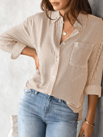 Women Casual Striped Button Front Pocket Shirt For Fall