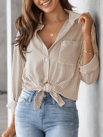 Women Casual Striped Button Front Pocket Shirt For Fall