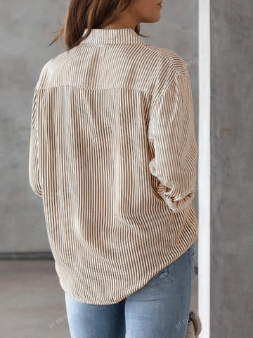 Women Casual Striped Button Front Pocket Shirt For Fall
