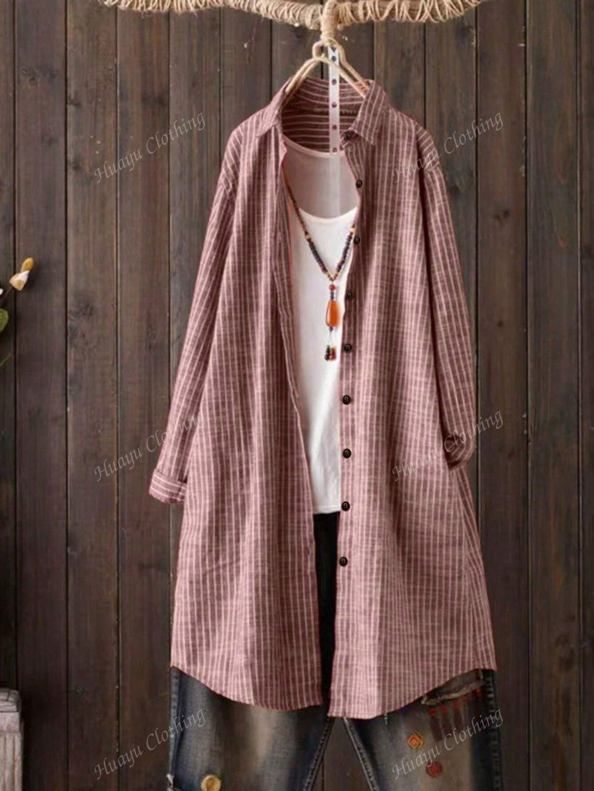 Women Casual Striped Long Sleeve Single Breasted Loose Blouse,