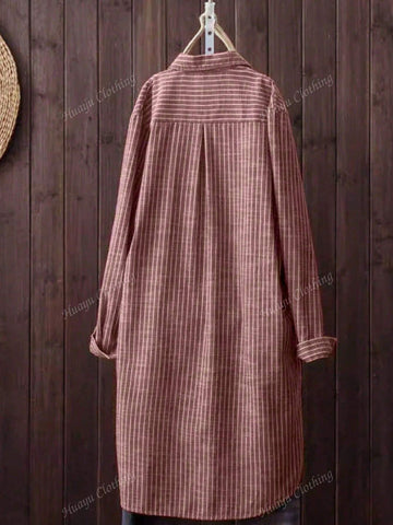 Women Casual Striped Long Sleeve Single Breasted Loose Blouse,