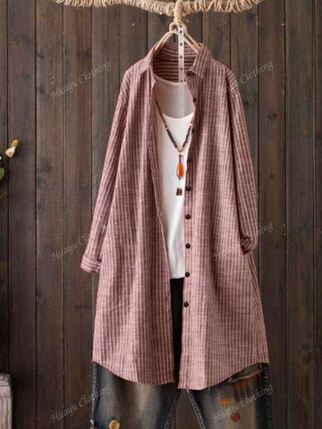 Women Casual Striped Long Sleeve Single Breasted Loose Blouse,