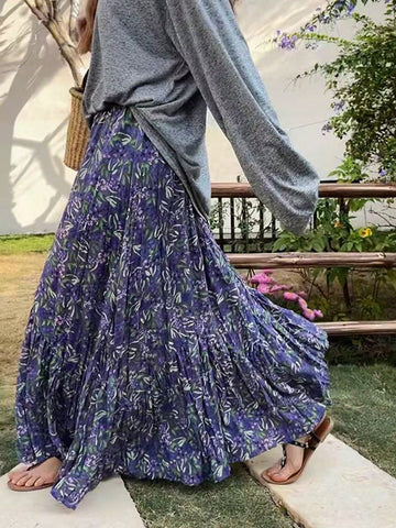 Women Chiffon Ditsy Floral Vintage Pleated Long Skirt, Flattering