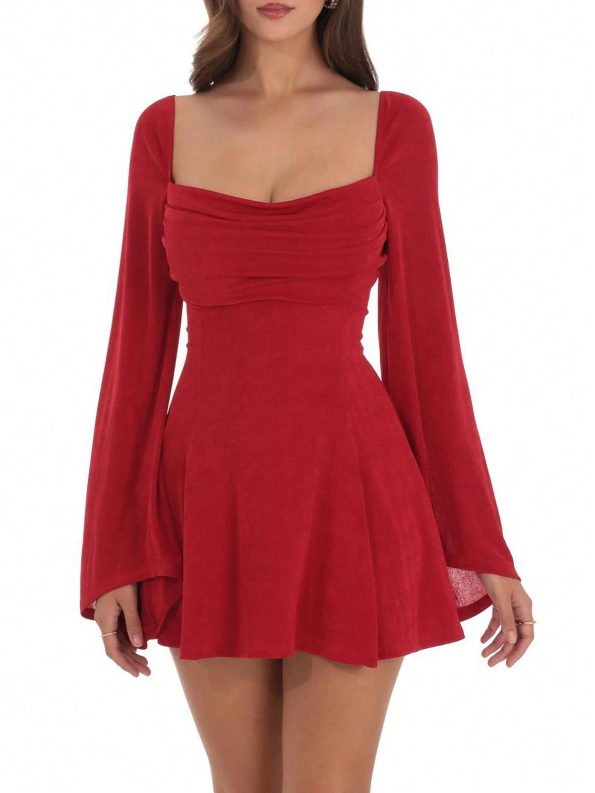 Women Christmas Party Dress With Front Ruched, Backless & Tie Design Flared Sleeves