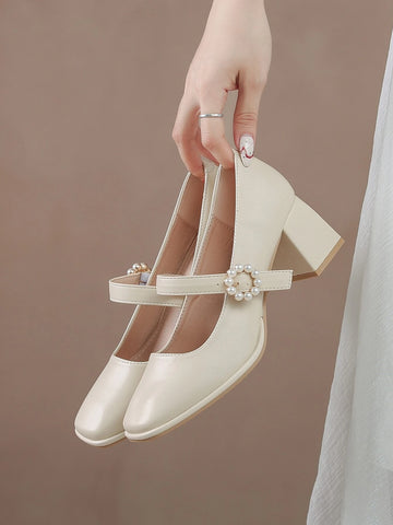 Women Chunky Heel Sandals With Pearl Strap, Suitable For Outdoor And Everyday Wear