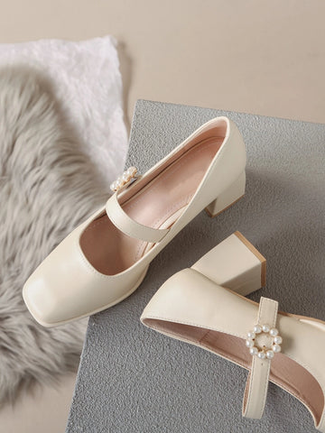 Women Chunky Heel Sandals With Pearl Strap, Suitable For Outdoor And Everyday Wear