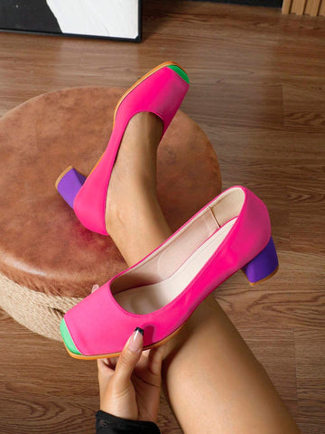 Women Colorblock Slip-On Loafers, Chunky High Heel