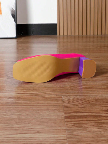 Women Colorblock Slip-On Loafers, Chunky High Heel