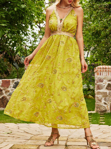 Women Colorful Beaded Embroidery Golden Tassel Trimmed Evening Gown