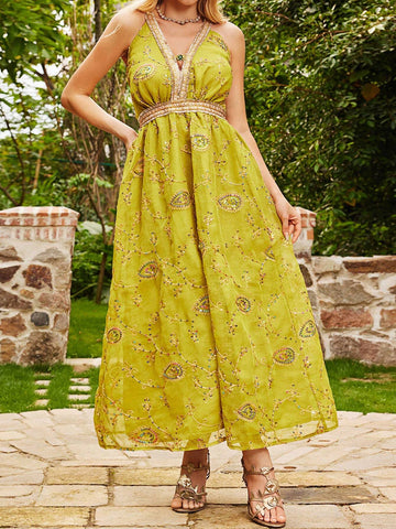 Women Colorful Beaded Embroidery Golden Tassel Trimmed Evening Gown