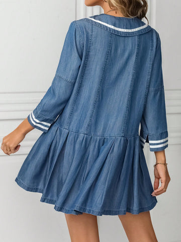 Women Contrast Color Trim Front Tie Long Sleeve Casual Minimalist Short Dress