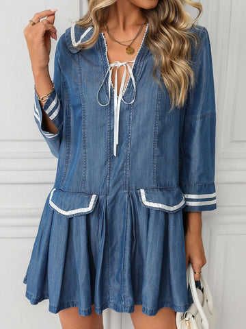 Women Contrast Color Trim Front Tie Long Sleeve Casual Minimalist Short Dress