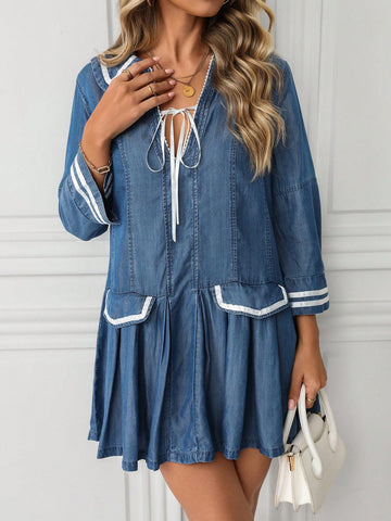 Women Contrast Color Trim Front Tie Long Sleeve Casual Minimalist Short Dress