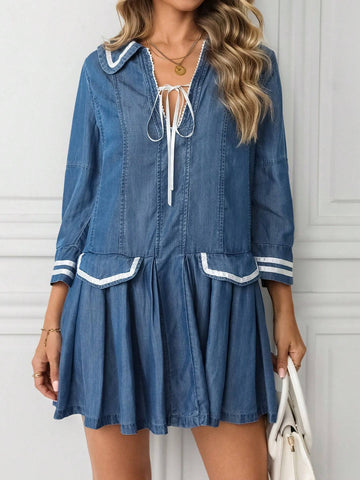 Women Contrast Color Trim Front Tie Long Sleeve Casual Minimalist Short Dress