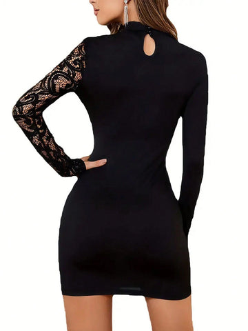 Women Contrast Lace Hollow Out Stand Collar Long Sleeve Slim Fit Short Dress