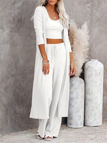 Women Cozy Ribbed Lounge & Sleepwear Set - Soft Long Sleeve Robe, Crew Neck Tank, & Lace-Up Pants - Perfect For Relaxation And Everyday Comfort