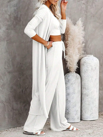 Women Cozy Ribbed Lounge & Sleepwear Set - Soft Long Sleeve Robe, Crew Neck Tank, & Lace-Up Pants - Perfect For Relaxation And Everyday Comfort