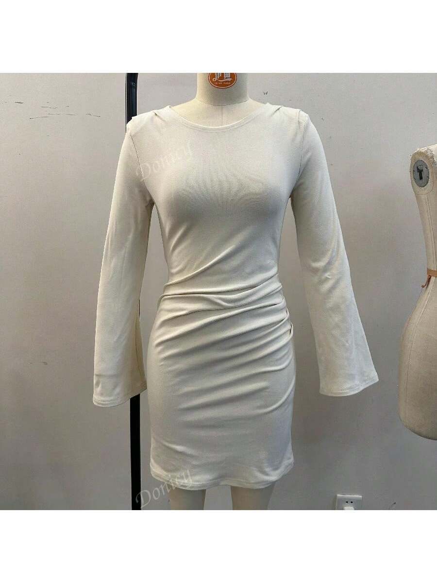 Women Crew Neck Long Sleeve Solid Color Casual Dress, Fall/Winter