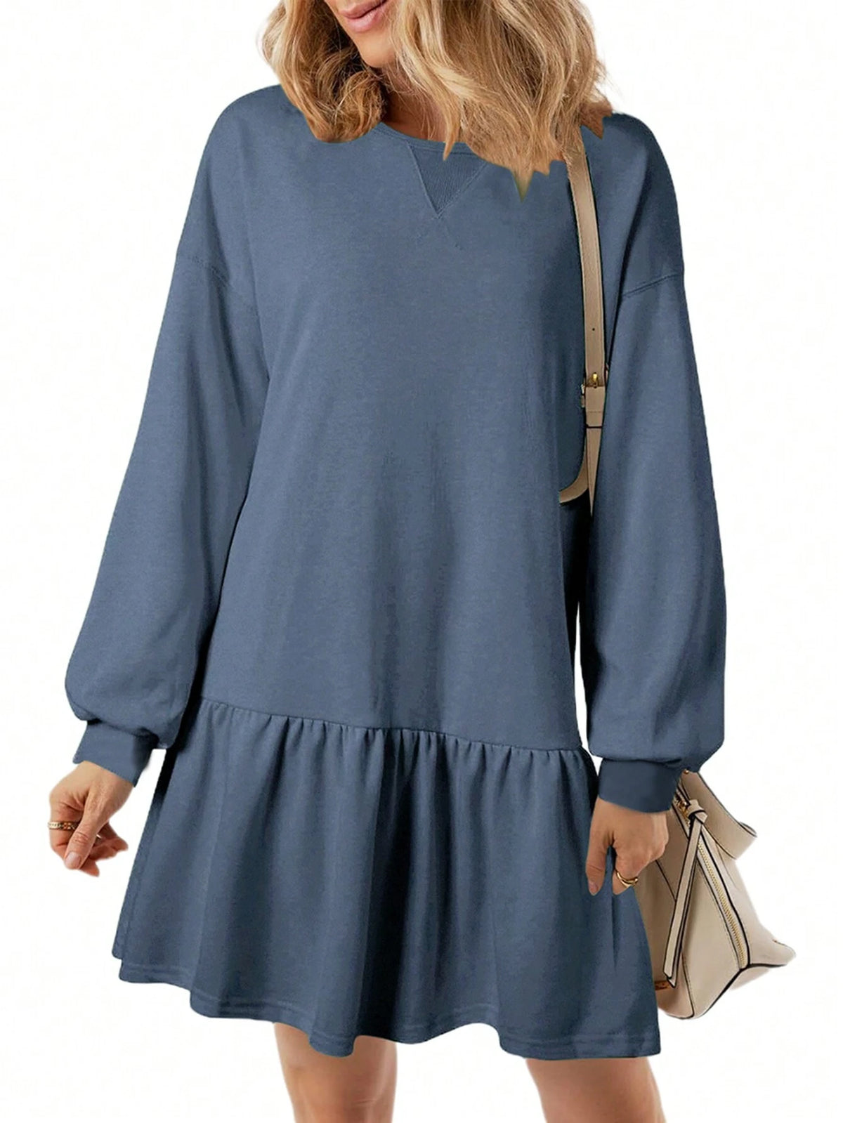 Women Criss-Cross Neckline Round Neck Dropped Shoulder Long Sleeve Casual Loose Sweatshirt Dress