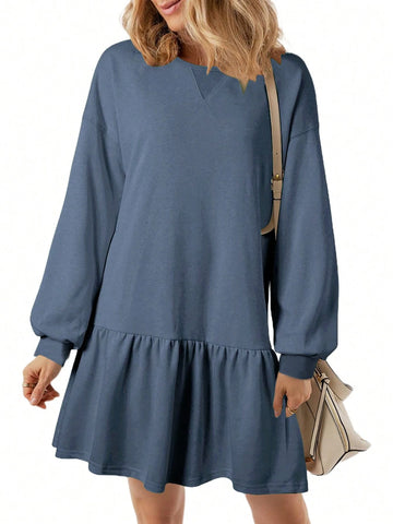Women Criss-Cross Neckline Round Neck Dropped Shoulder Long Sleeve Casual Loose Sweatshirt Dress