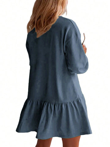 Women Criss-Cross Neckline Round Neck Dropped Shoulder Long Sleeve Casual Loose Sweatshirt Dress