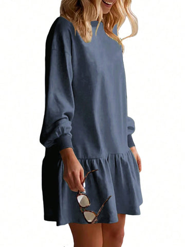 Women Criss-Cross Neckline Round Neck Dropped Shoulder Long Sleeve Casual Loose Sweatshirt Dress