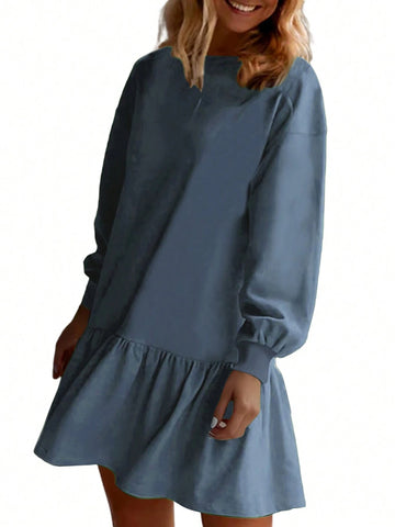 Women Criss-Cross Neckline Round Neck Dropped Shoulder Long Sleeve Casual Loose Sweatshirt Dress