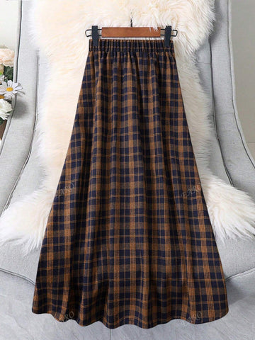 Women Elastic Waist Plaid Minimalist A-Line Skirt, Casual Wear