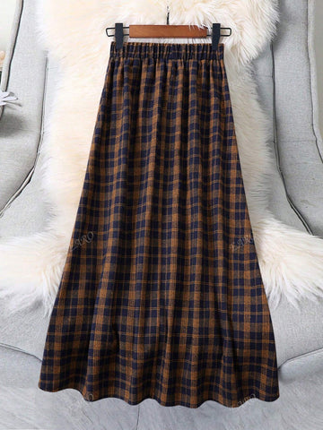 Women Elastic Waist Plaid Minimalist A-Line Skirt, Casual Wear