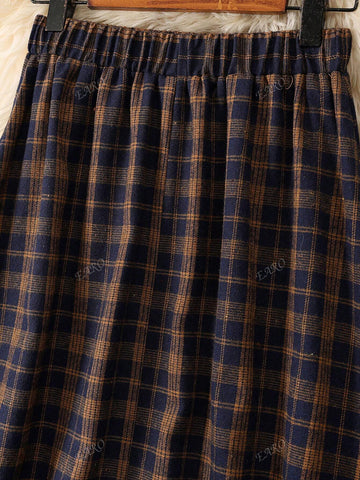 Women Elastic Waist Plaid Minimalist A-Line Skirt, Casual Wear