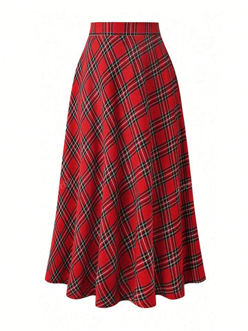 Women Elegant High Waist Plaid A-Line Skirt, Loose Fit Flattering