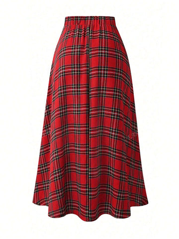 Women Elegant High Waist Plaid A-Line Skirt, Loose Fit Flattering