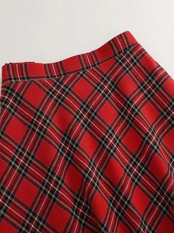 Women Elegant High Waist Plaid A-Line Skirt, Loose Fit Flattering