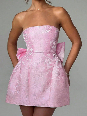 Women Elegant Jacquard Bandeau Bow Mini Dress