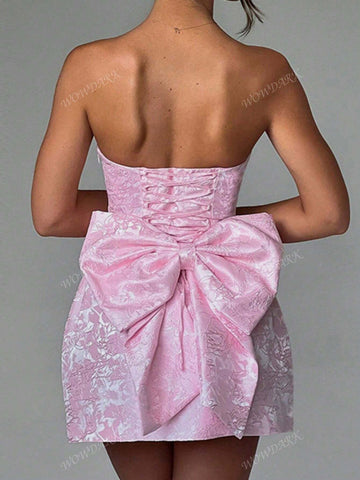Women Elegant Jacquard Bandeau Bow Mini Dress