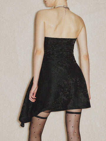 Women Elegant Jacquard Bandeau Strapless Ruched Waistline Mini Dress