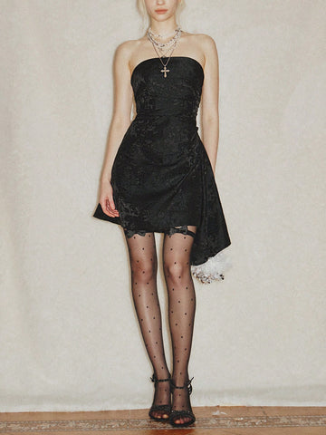 Women Elegant Jacquard Bandeau Strapless Ruched Waistline Mini Dress